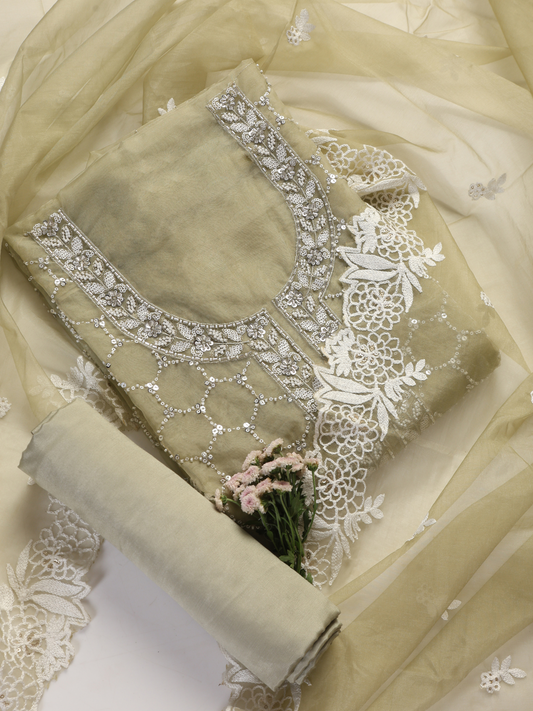 Dhiyona ST 3 Pc Unstitched Suit SET - Fawn Beaded and Embroidered Organza Kurta and Border Dupatta with Cotton Pyjama
