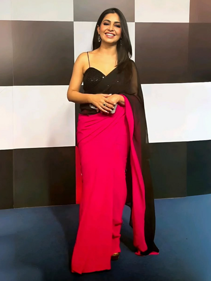 Dhiyona ST Fuchsia & Black Triangle Georgette Saree with Posh Black Blouse Fabric