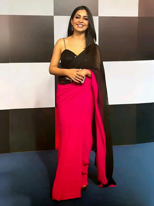 Dhiyona ST Fuchsia & Black Triangle Georgette Saree with Posh Black Blouse Fabric