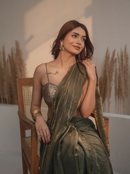 Dhiyona ST 2 pc SET - Copper Green Metallic Satin Pocket Skirt Saree with Gold Corset Blouse