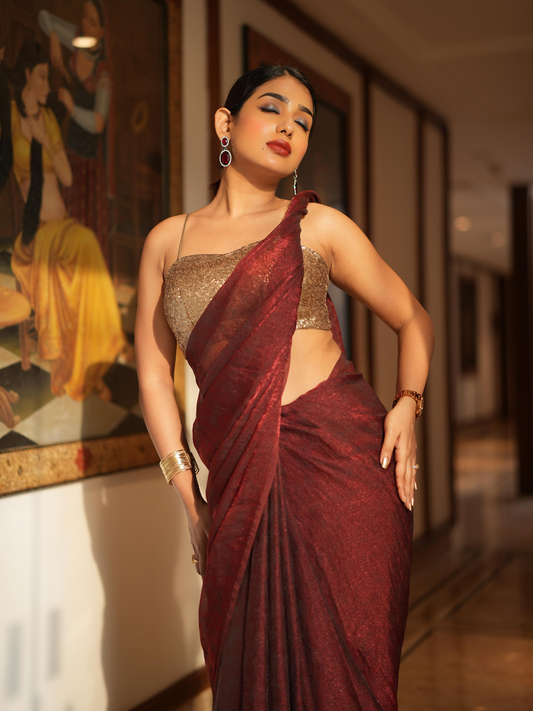 Dhiyona ST Majestic Maroon Paisley Chiffon Saree with Bronze Long Pendants with Blouse Fabric