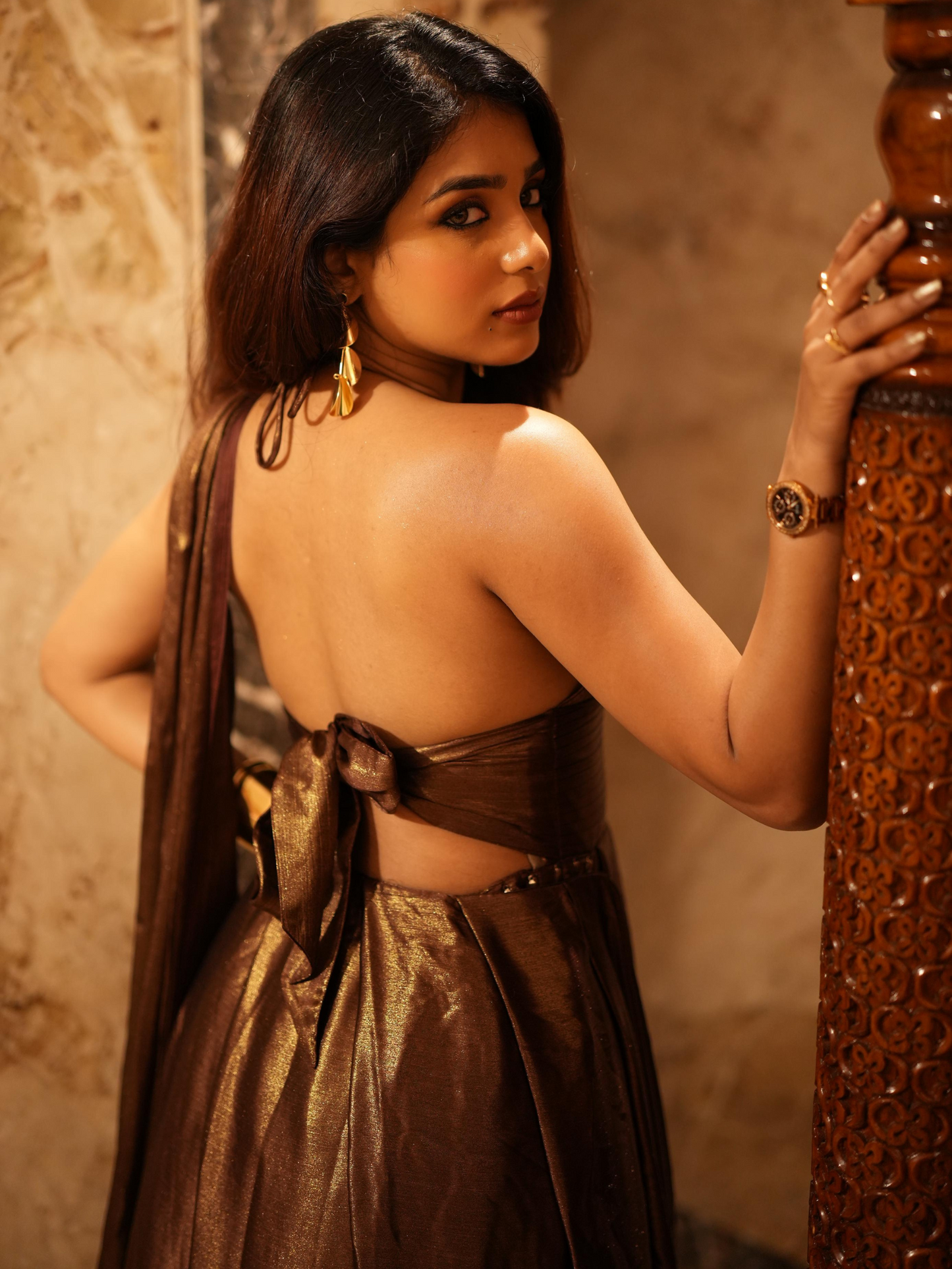 Dhiyona ST Dripping in Chocolate- Halter Dress Saree with Adjustable Waist in Chocolate Gold Chiffon
