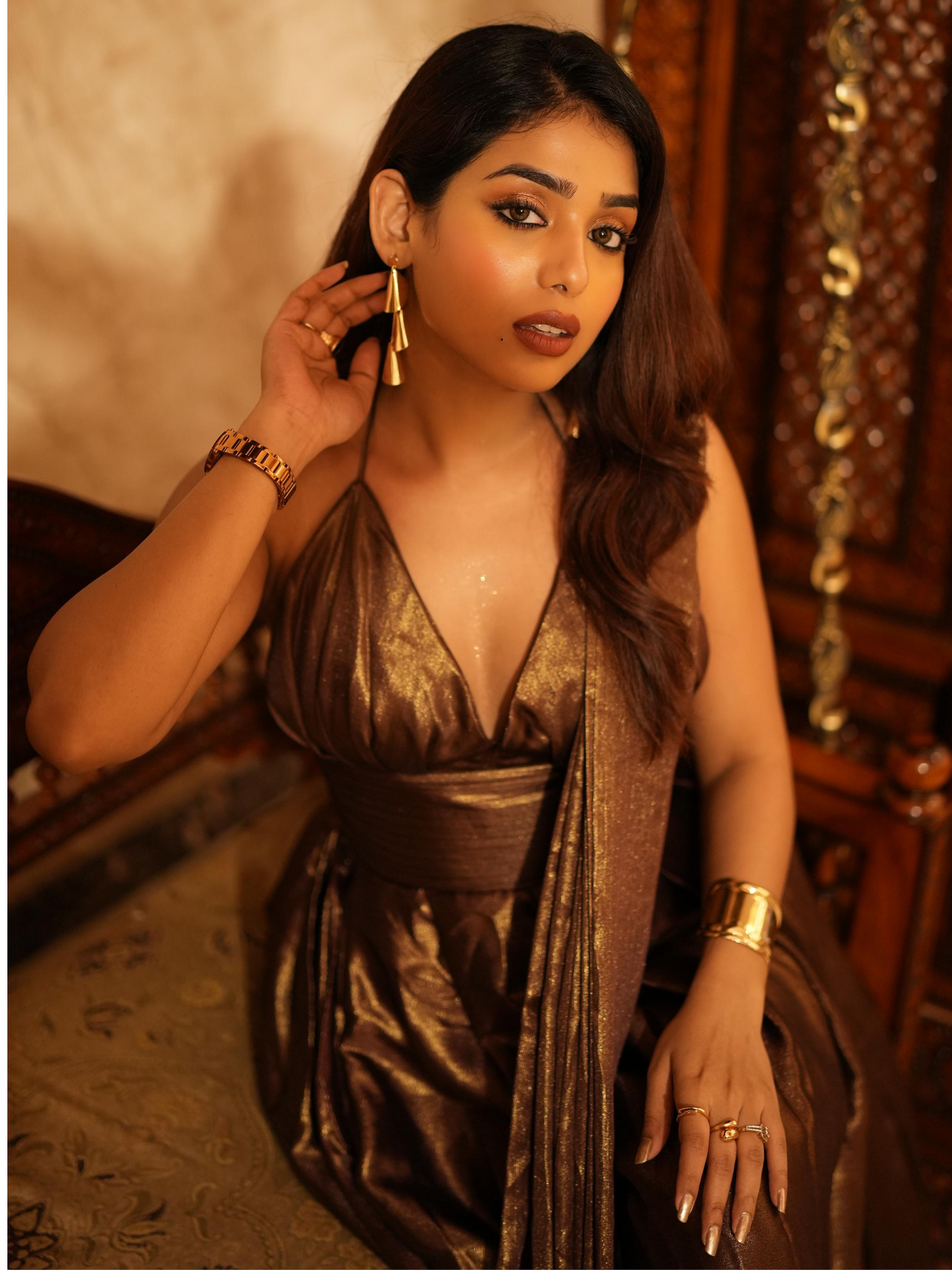 Dhiyona ST Dripping in Chocolate- Halter Dress Saree with Adjustable Waist in Chocolate Gold Chiffon
