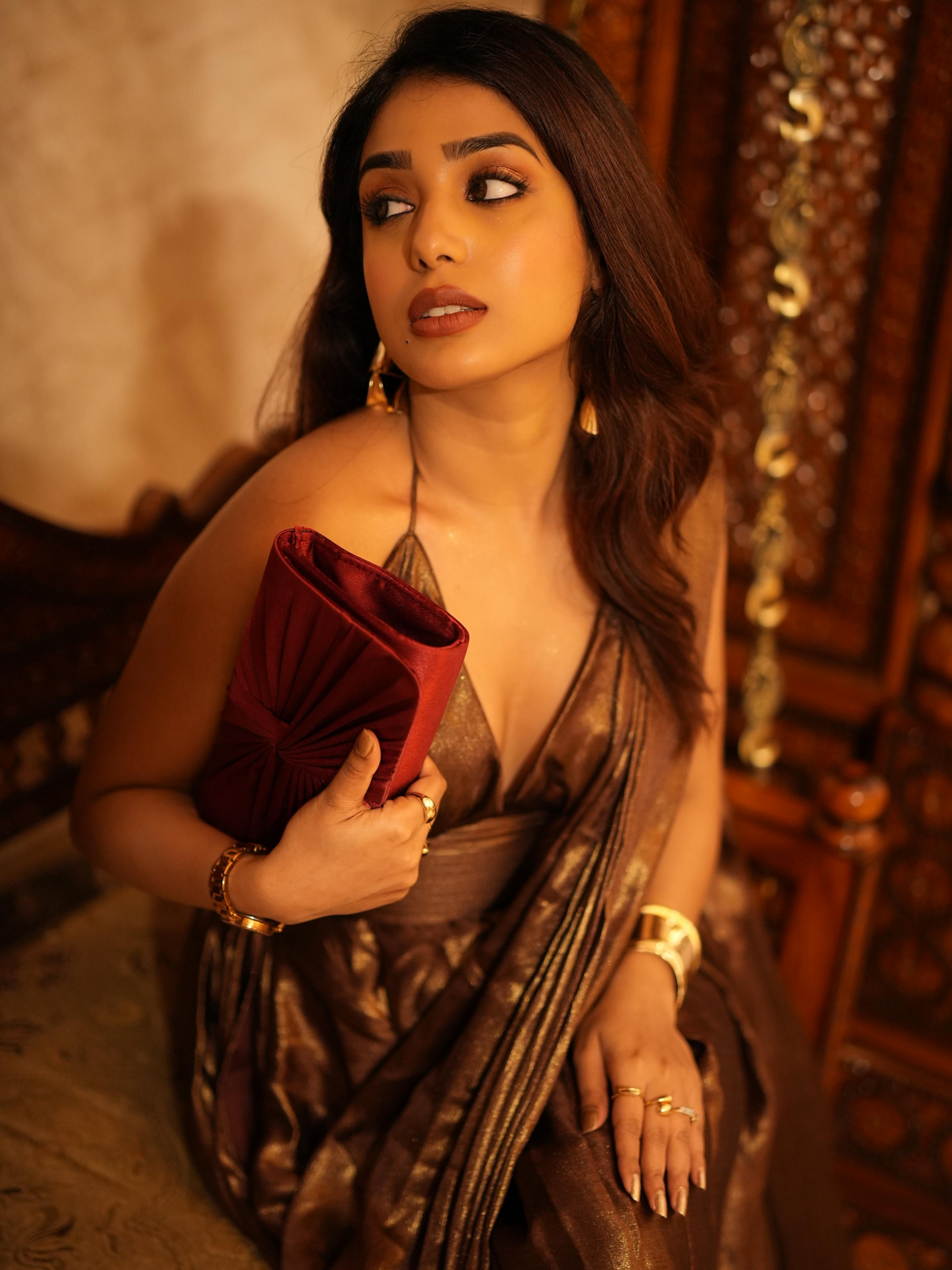 Dhiyona ST Dripping in Chocolate- Halter Dress Saree with Adjustable Waist in Chocolate Gold Chiffon