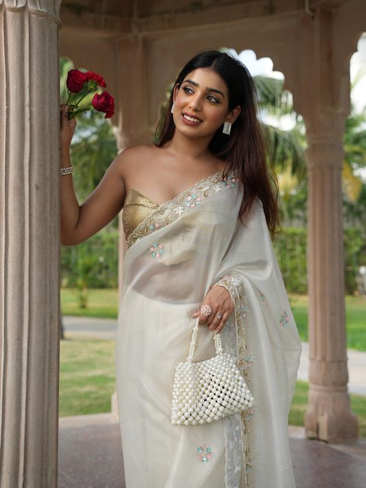 Dhiyona ST White Gold Organza Saree with Multicolour Hand Embroidery with Sequins and Beads with Blouse Fabric