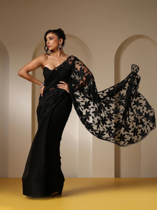 Dhiyona ST Night Bird Net Saree with Blouse Fabric