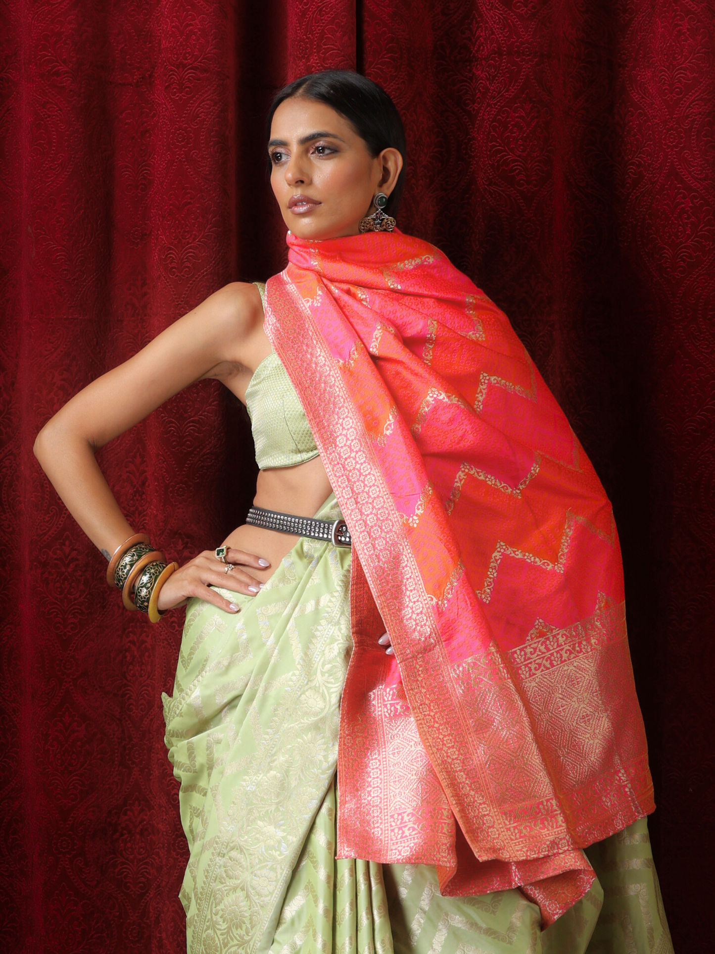 Dhiyona ST Fuschia Pink Chevron Jacquard Dupatta