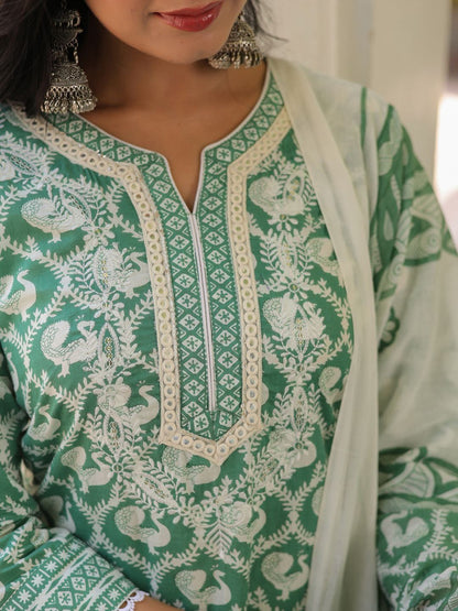 Dhiyona RR Women's Printed Pure Cotton Kurta with Trousers & With Dupatta