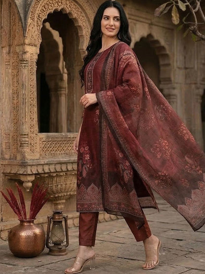 Maroon Floral Printed Sequinned Chanderi Silk Kurta With Trousers & Dupatta
