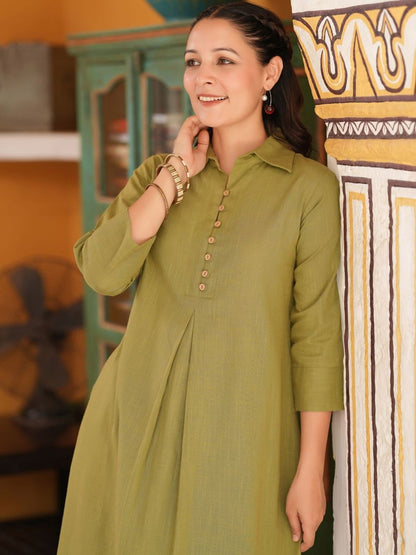 Dhiyona RR Women's Shirt Collar Pure Cotton A-Line Kurta With Trousers
