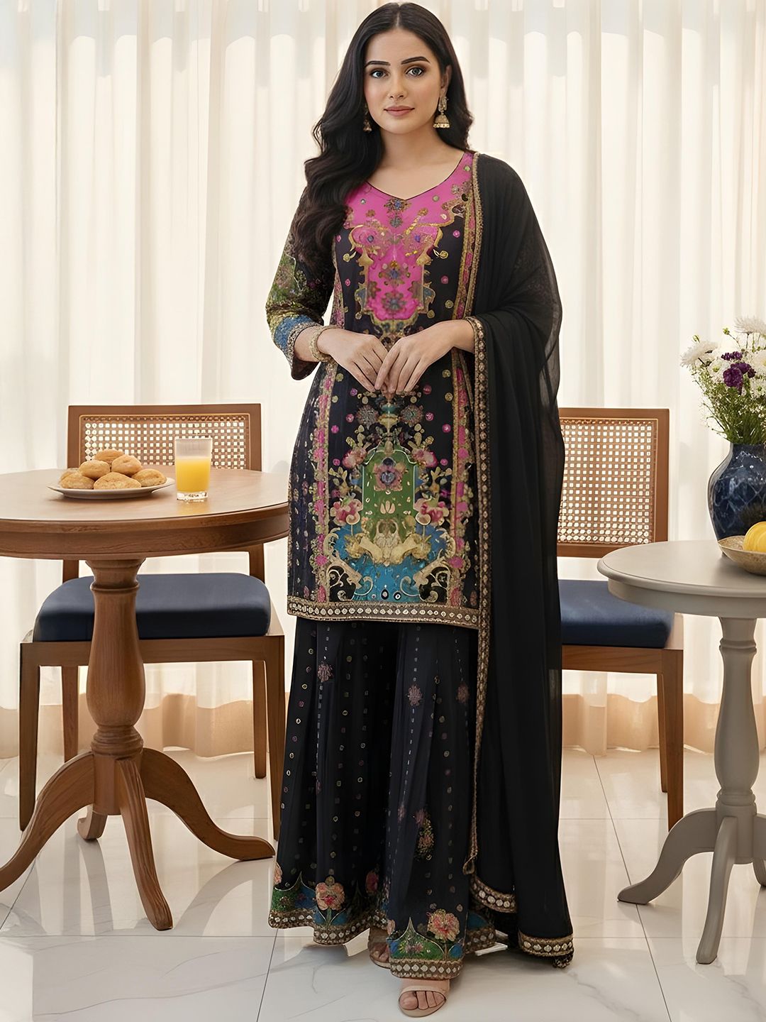 Dhiyona AN Women Ethnic Motifs Printed Panelled Gotta Patti Silk Crepe Kurta with Sharara & With Dupatta