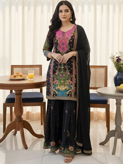 Dhiyona AN Women Ethnic Motifs Printed Panelled Gotta Patti Silk Crepe Kurta with Sharara & With Dupatta