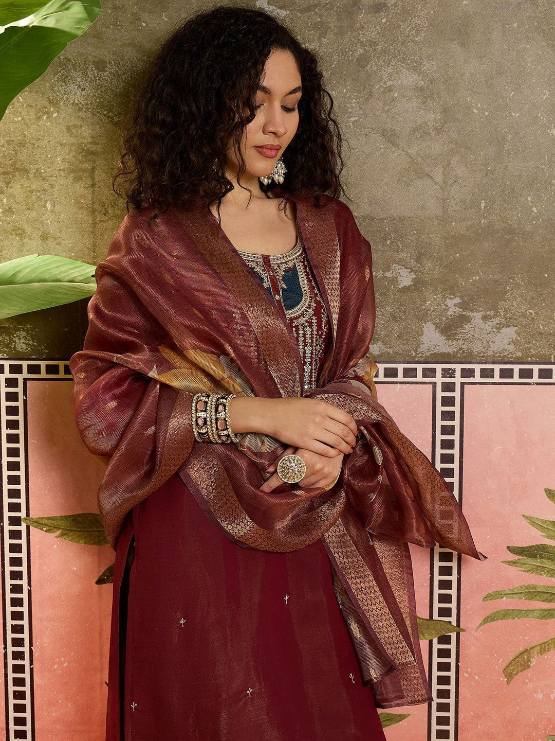 Embroidered Cotton Blend Round Neck Straight Kurta & Trousers With Dupatta