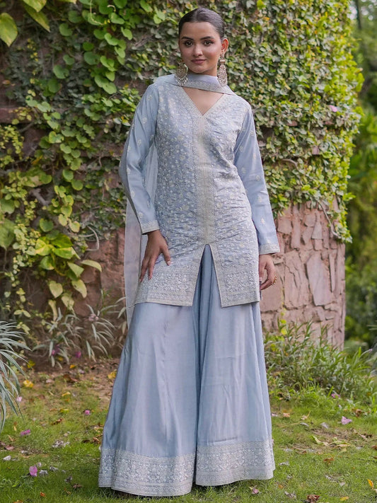 Women's LB Art Grey Embroidered Silk Blend Straight Suit With Dupatta