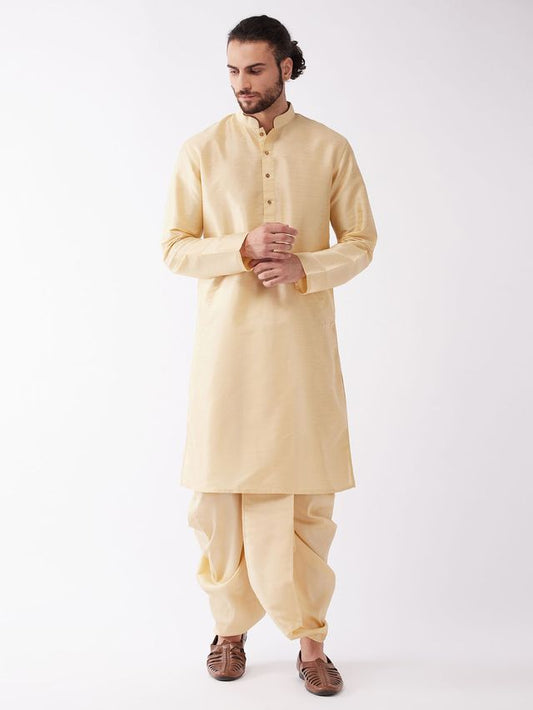 Men's Gold Silk Blend Straight Kurta and Dhoti Set