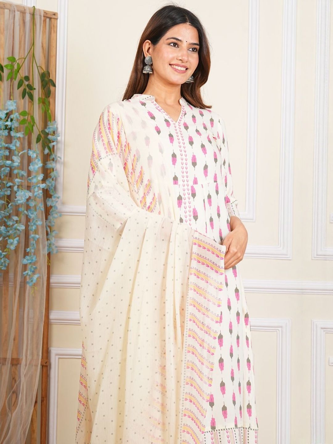 Dhiyona KL Ethnic Motifs Printed Band Collar A-Line Kurta With Leggings And Dupatta