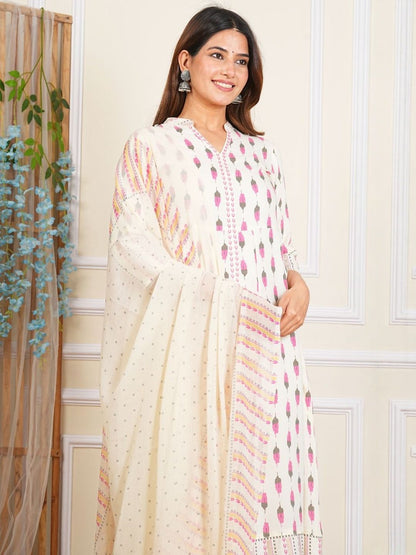 Dhiyona KL Ethnic Motifs Printed Band Collar A-Line Kurta With Leggings And Dupatta