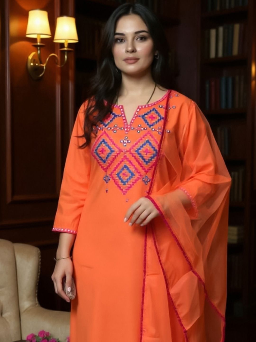 Dhiyona IE Women Geometric Embroidered V-Neck Mirror Work Kurta with Trousers & Dupatta
