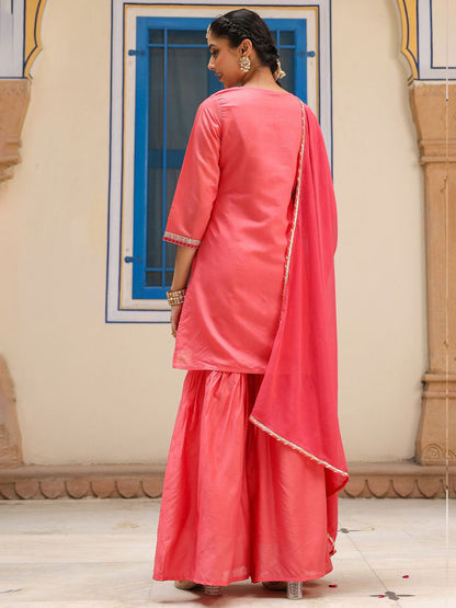 Dhiyona SC Women Coral Chanderi Silk Embroidered Kurta with Sharara & With Dupatta