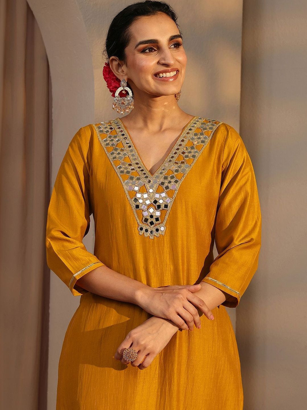Mustard Mirror Work Yoke Design Straight Kurta Set