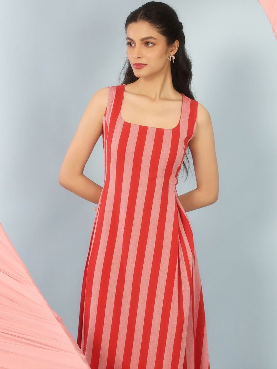 Dhiyona AY Women's Striped Cotton A-Line Midi Ethnic Dresses