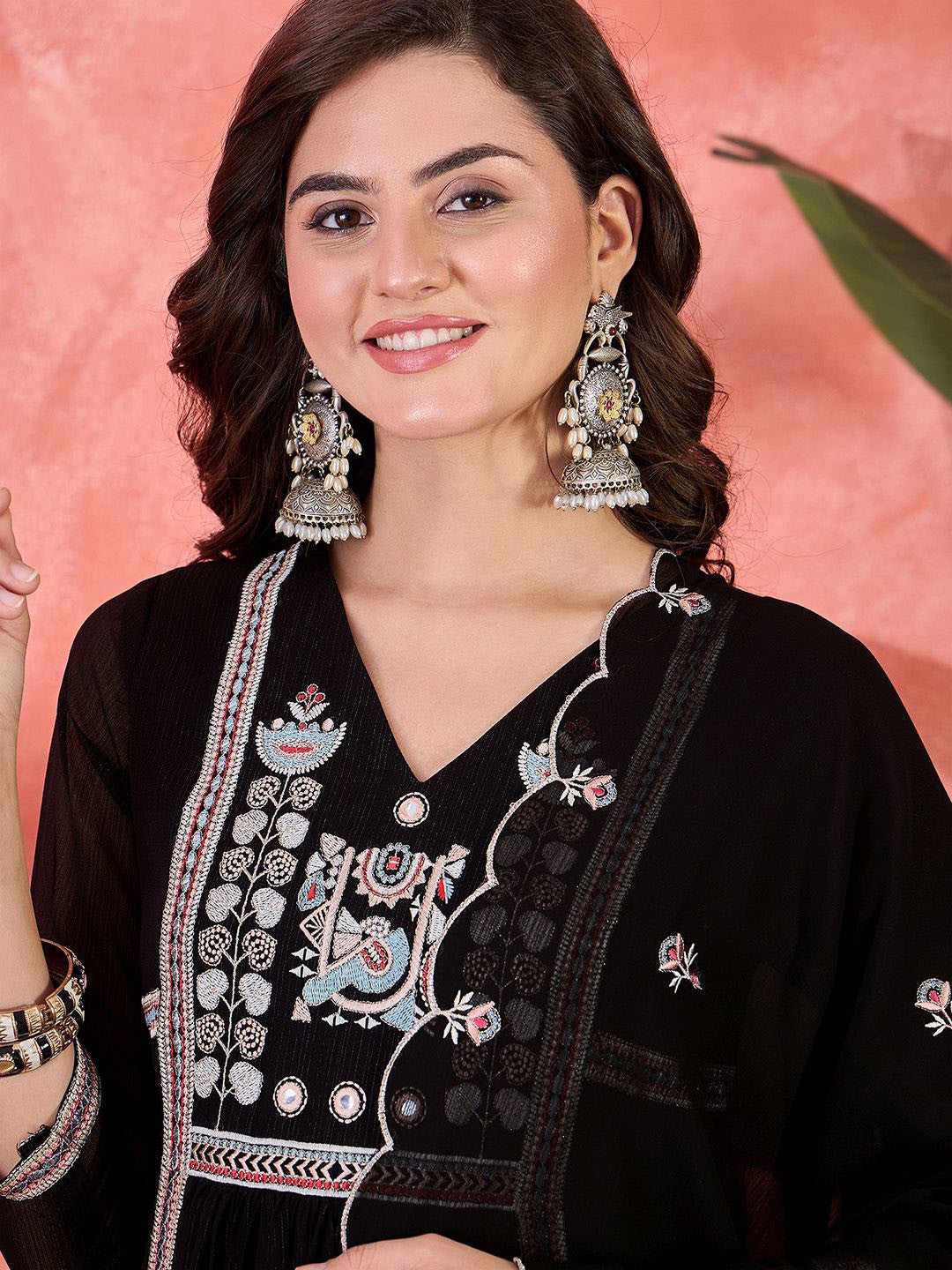 Ethnic Motifs Embroidered V-Neck Straight Kurta With Trouser And Dupatta