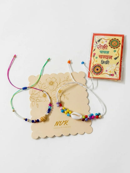 Dhiyona Set Of 2 Artificial Beads Thread Rakhi With Roli Chawal Chandan Mishri