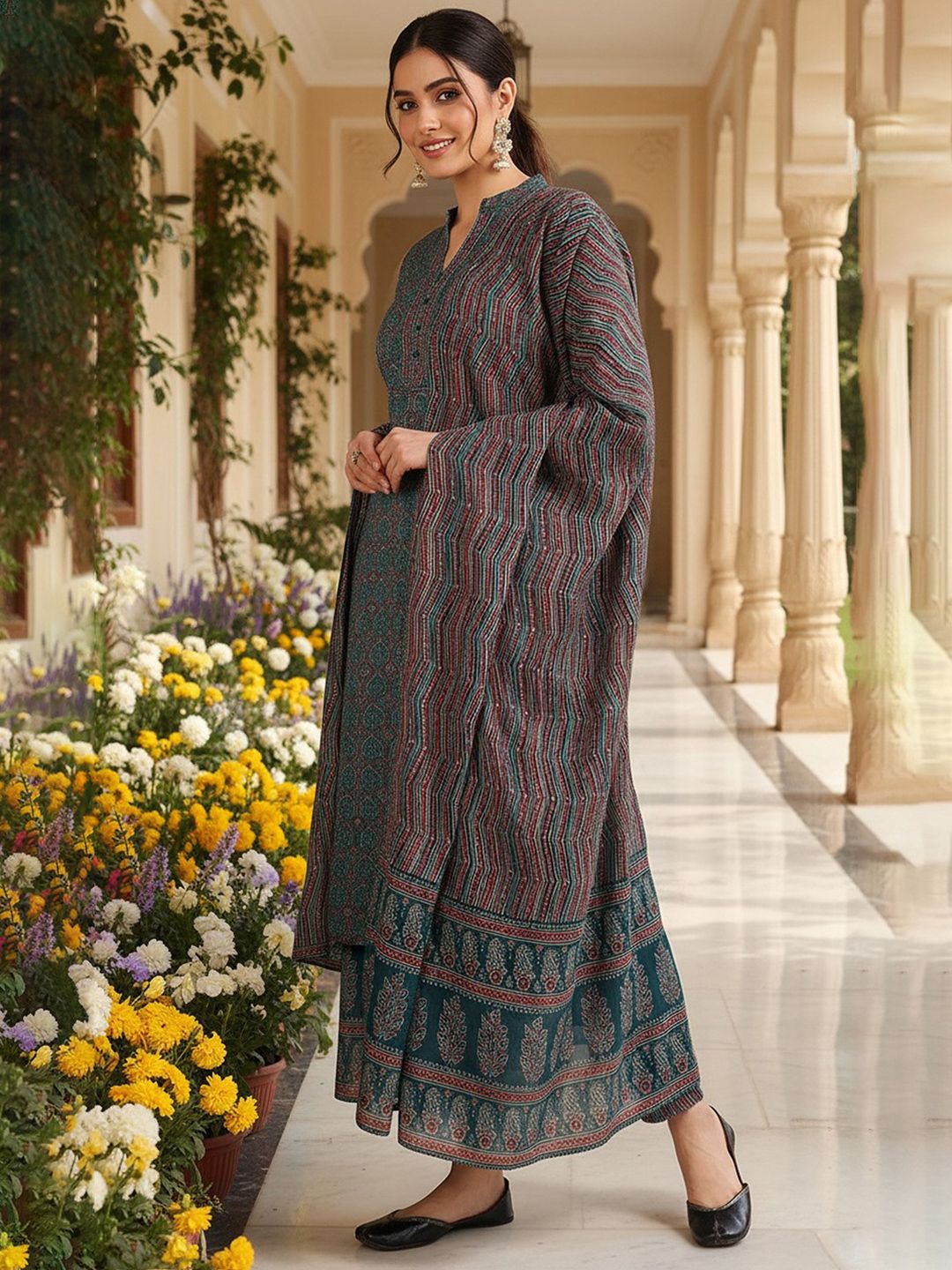 Dhiyona KL Ethnic Motifs Printed Mandarin Collar Kurta With Trousers & Dupatta