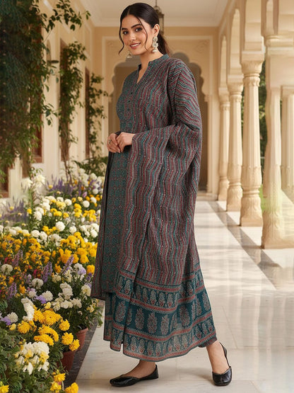 Dhiyona KL Ethnic Motifs Printed Mandarin Collar Kurta With Trousers & Dupatta