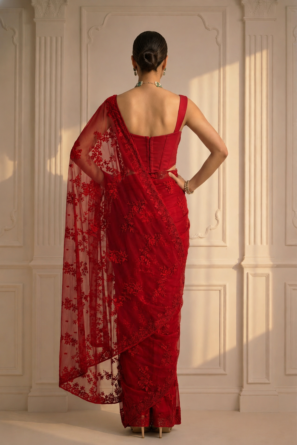 Dhiyona ST Red Stripe Lace Saree with Sequin and Blouse Fabric