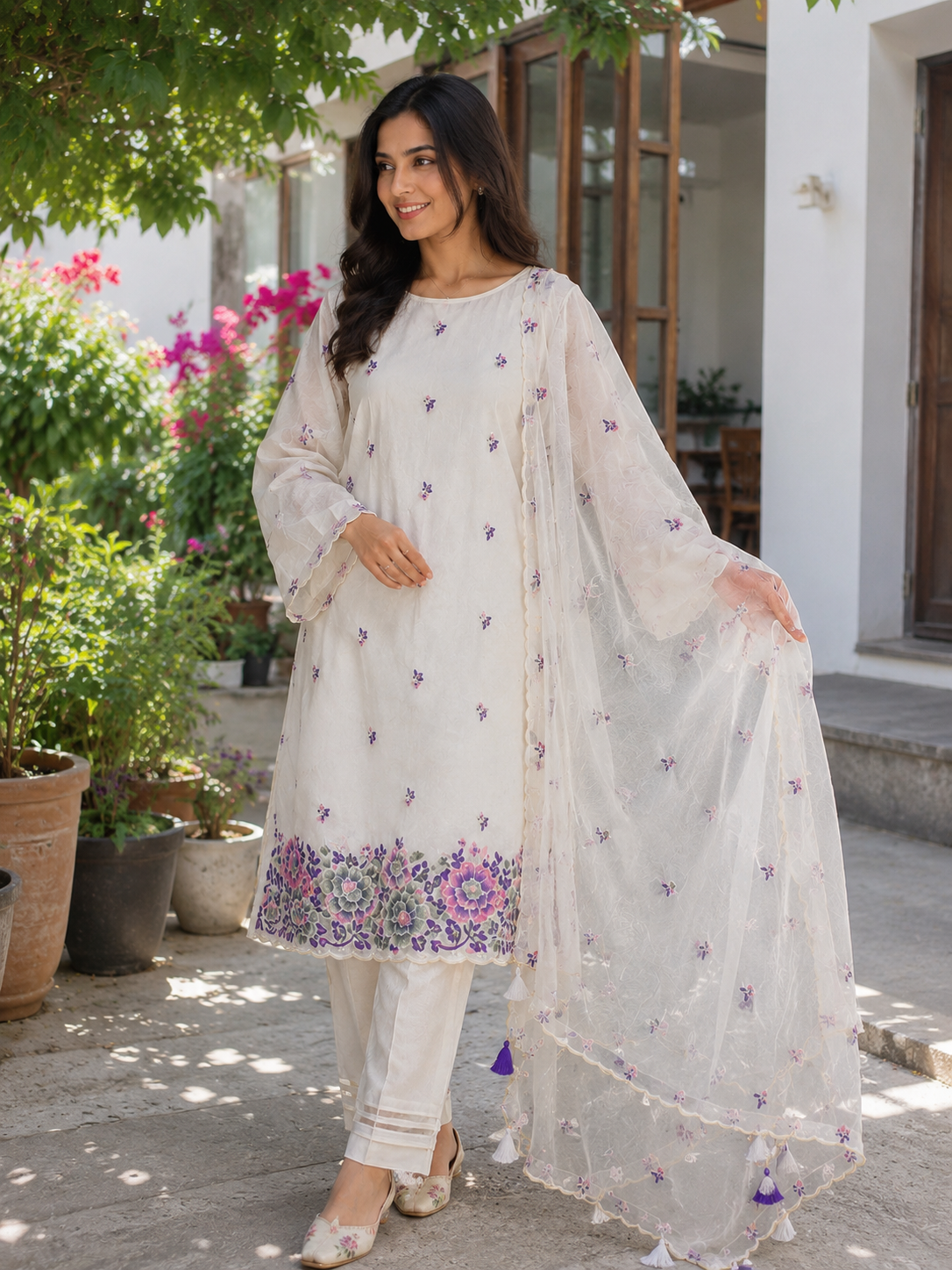 Dhiyona HH Mehr Mul Chanderi Suit Un-stitched – Violet Blossom