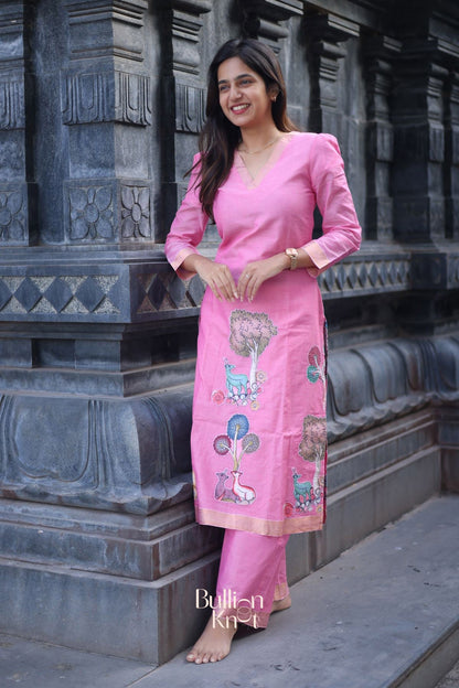 Dhiyona BN Chhaavi Handloom Pink Nature-Patchwork Kurta Set