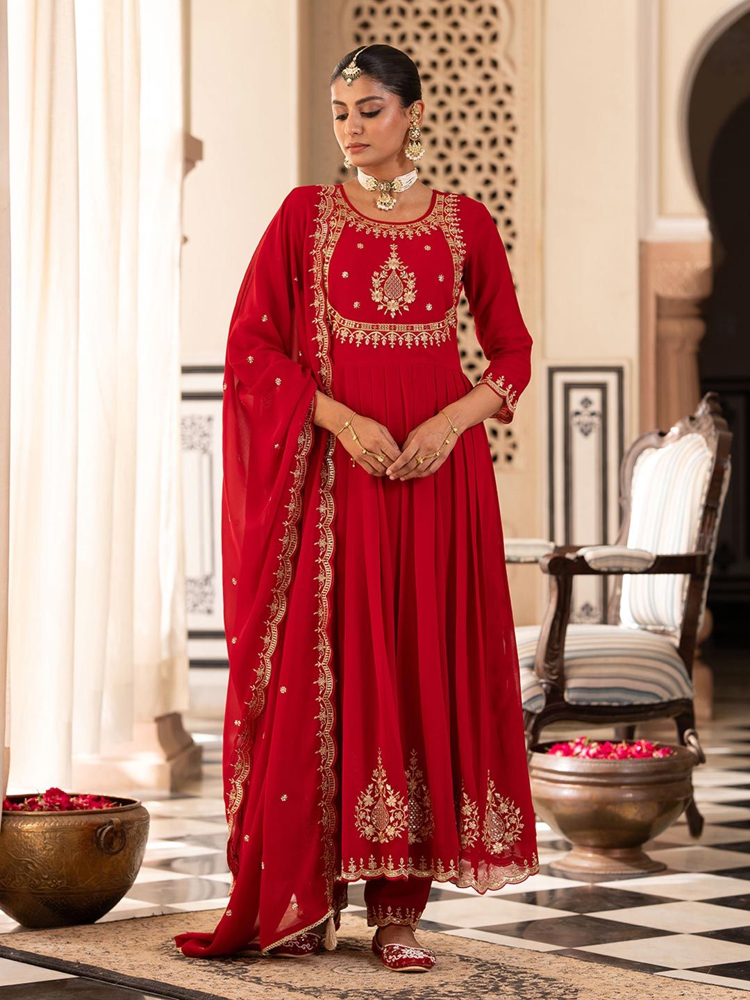 Dhiyona CH Women Floral Embroidered Pleated Mirror Work Kurta with Trousers & Dupatta