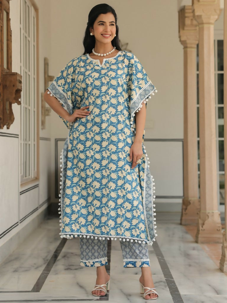 Women's Kaftan Soft Cotton Floral Print Women's Kurta Set - Blue