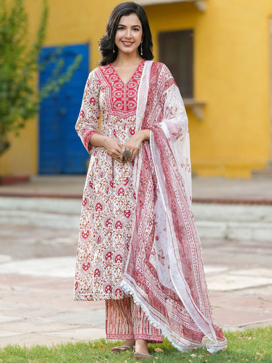 Dhiyona RR Women's Ethnic Motifs Printed Pure Cotton Kurta with Trousers & Dupatta