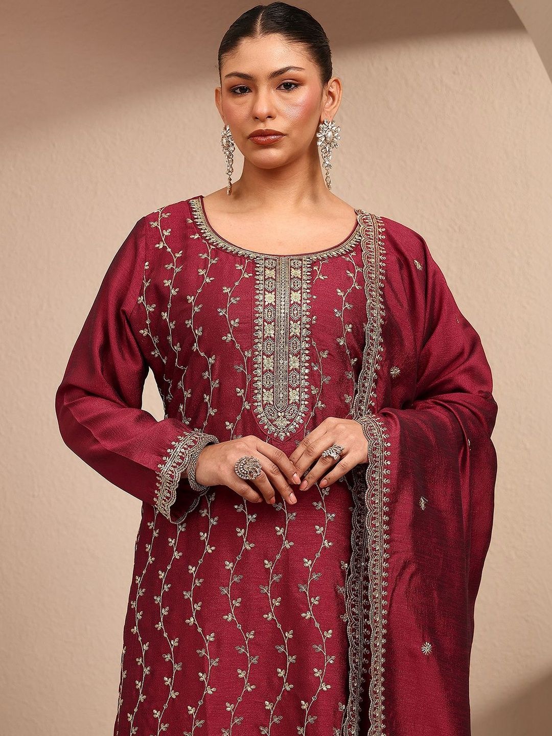 Dhiyona Women's Ethnic Motifs Embroidered Regular Thread Work Kurta with Palazzos & With Dupatta