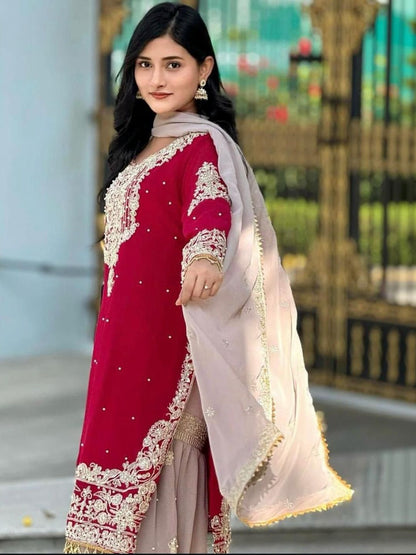 Dhiyona KL Women Embroidered Regular Sequinned Kurta with Sharara & With Dupatta