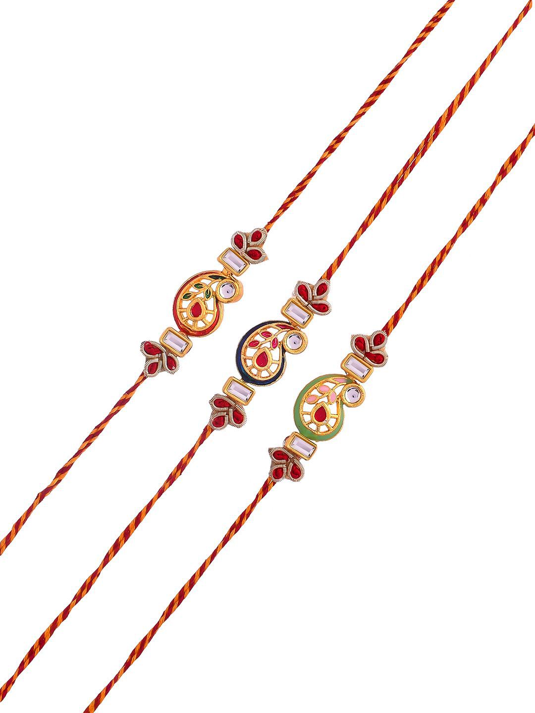 Dhiyona Gold Toned Set of 3 Kundan Work Thread Rakhis With Roli Chawal & Greetings Card