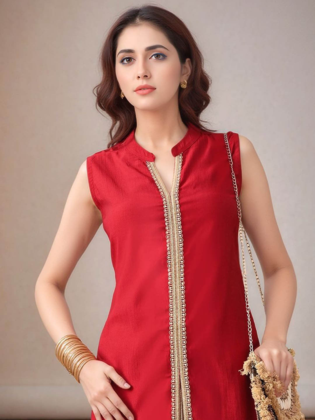 Mandarin Collar Sleeveless Gotta Patti Straight Kurta With Palazzo