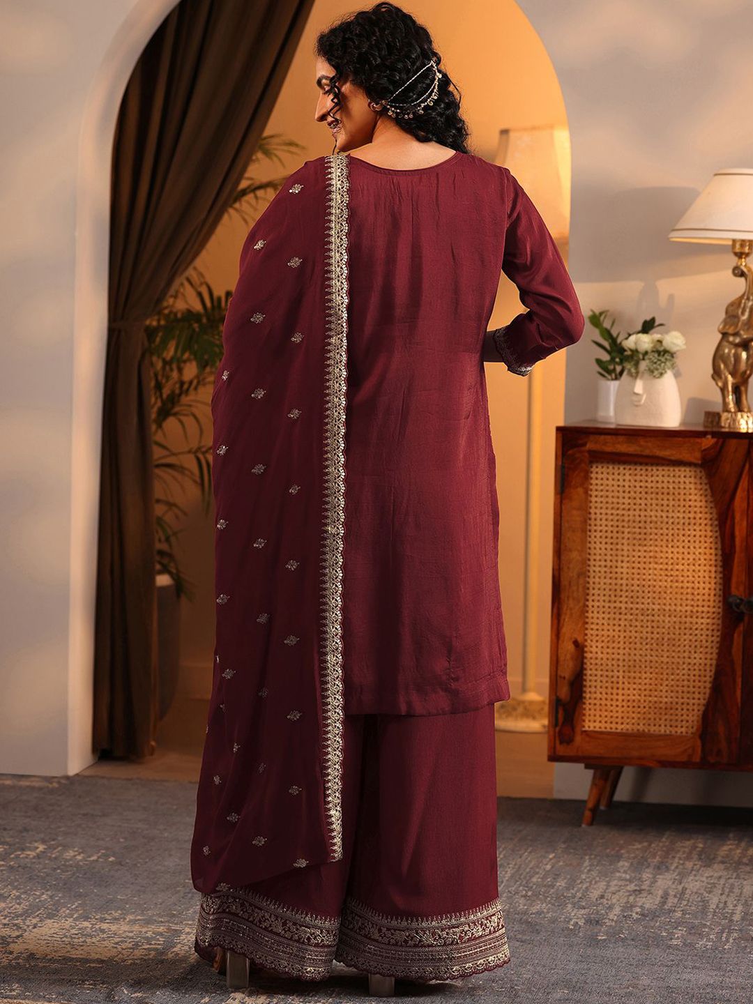 Dhiyona LL Floral Woven Design Straight Zari Kurta With Palazzos & Dupatta