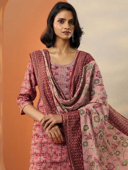 Maroon Ethnic Motifs Printed Mirror Work Straight Kurta With Palazzos & Dupatta
