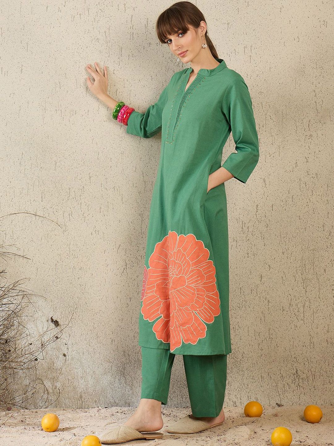 Dhiyona IE Women Embroidered Mandarin Collar Top and Trousers Co-Ords