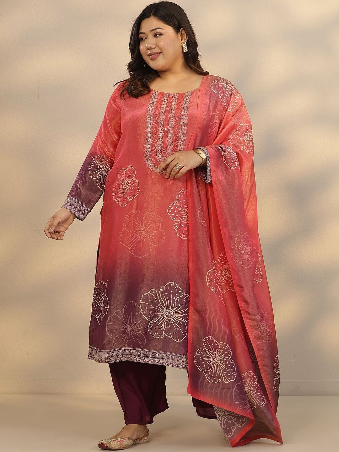Dhiyona Women's Plus Size Floral Printed Kurta with Trousers & Dupatta