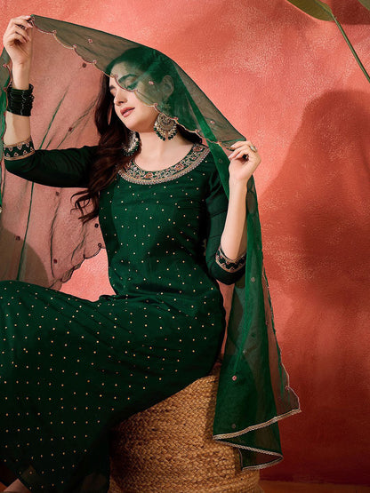 Floral Embroidered Zari Work Round Neck A-Line Kurta With Trousers And Dupatta