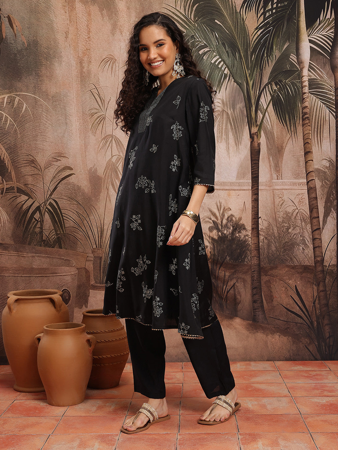 Floral Printed Regular A-Line Kurta with Trousers