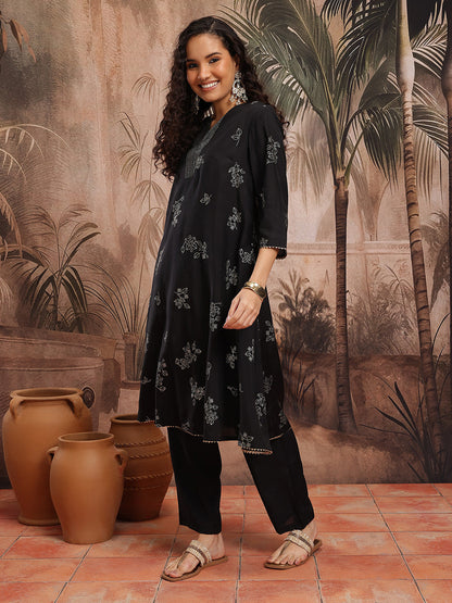 Floral Printed Regular A-Line Kurta with Trousers