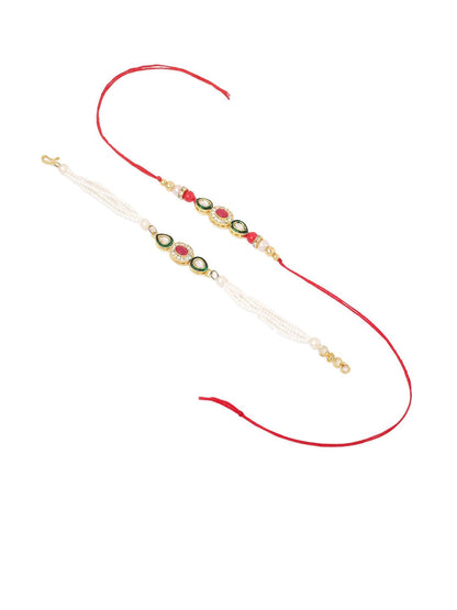 Dhiyona Set Of 2 Multicolor Oval Shape Kundan Studded & Beads Bhaiya Bhabhi Rakhi