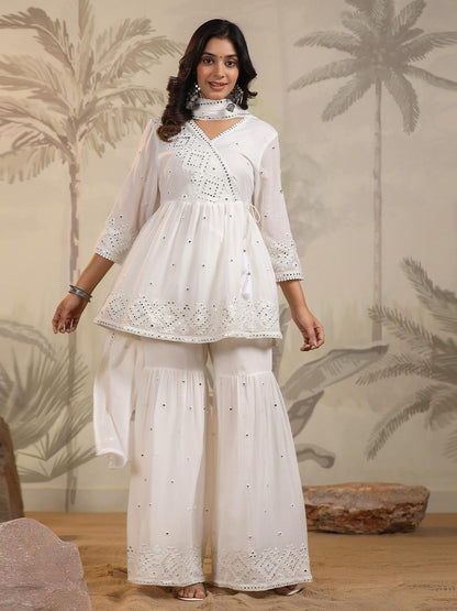 Dhiyona SC Women Mulmul Mirror Embroidered Pure Cotton Peplum Kurta- Sharara & Dupatta Set