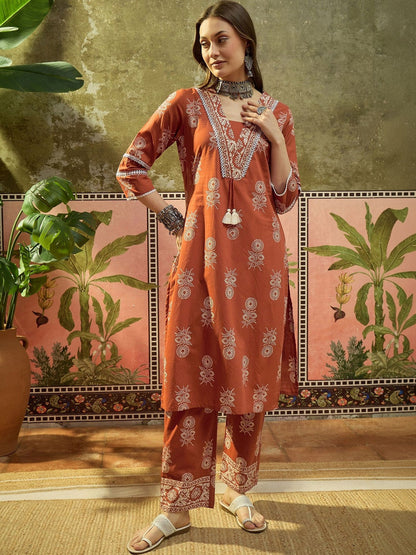 Embroidered Pure Cotton Round Neck Kurta & Palazzos With Dupatta