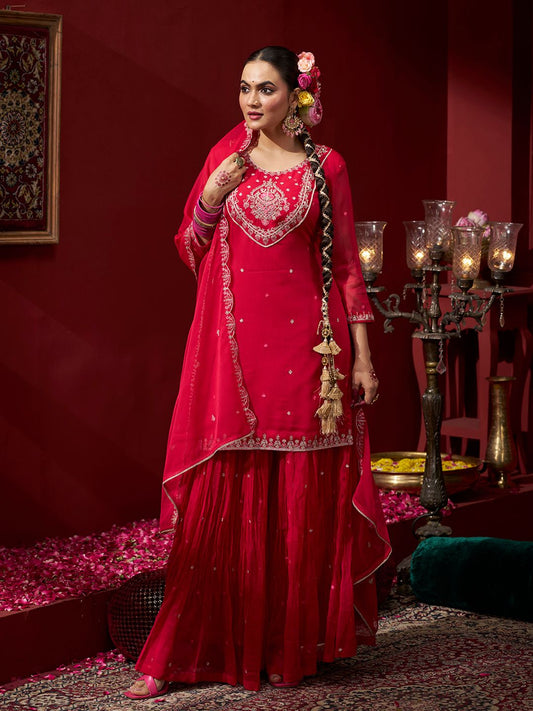 Dhiyona CH Women Ethnic Motifs Embroidered Sequinned Straight Kurta with Palazzos & Dupatta